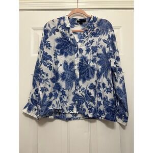 Caroline Morgan Blue White Floral Long Sleeve Top Women's Size 10 Resort Coastal